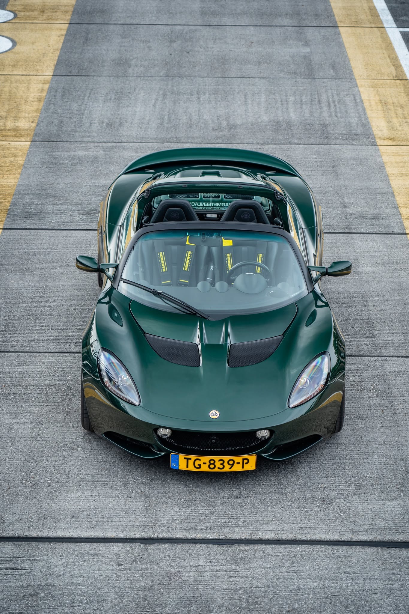 British racing green Lotus shot from above