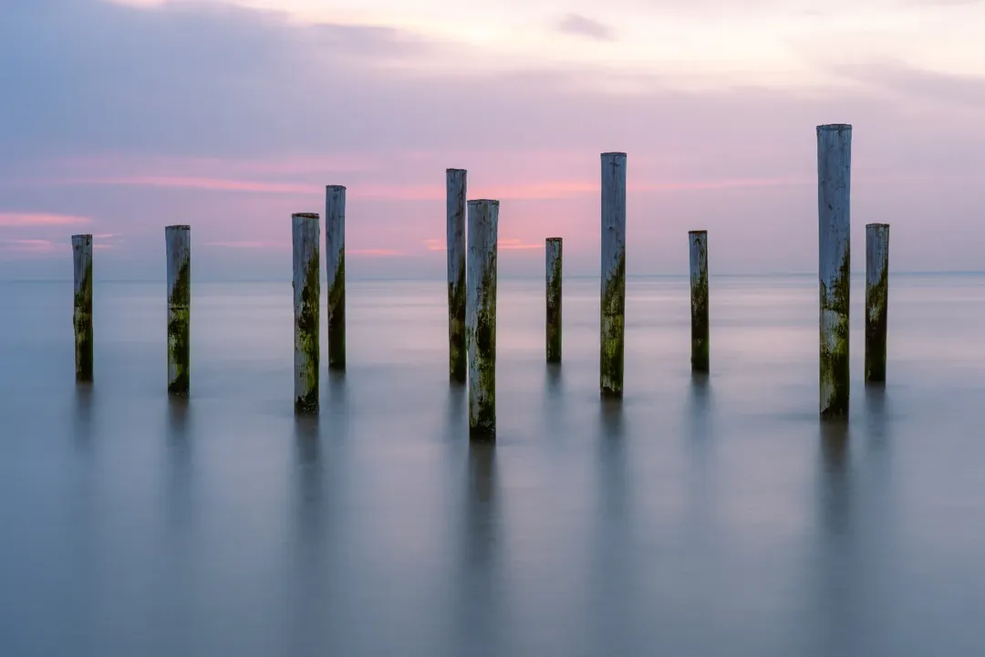 Wooden poles in the sea at sunset